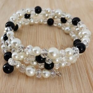 Hand Crafted Elegant Pearl Crystal Black Beaded Wrap Bracelet Spiral Memory Wire